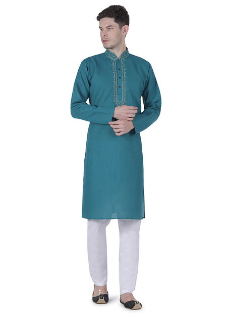 Dark Teal Colour Outluk Vol 64 Fancy Festive Wear Cotton Kurta Pajama Mens Collection 64004